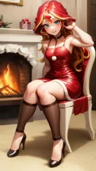 Size: 1080x1920 | Tagged: safe, ai content, derpibooru import, machine learning generated, stable diffusion, sunset shimmer, human, equestria girls, breasts, chair, christmas outfit, clothes, fireplace, generator:based64v3, generator:mlpsunsetshimmer-10, high heels, image, indoors, jpeg, leggings, lipstick, multicolored hair, prompt in description, prompter:marusame, reasonably sized breasts, shoes, sitting, smiling, solo, teal eyes