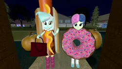 Size: 1920x1080 | Tagged: safe, artist:oatmeal!, derpibooru import, bon bon, lyra heartstrings, sweetie drops, human, equestria girls, 3d, accessory swap, bag, bone, candy bag, clothes, costume, donut, food, gmod, group, halloween, halloween costume, holiday, hot dog, image, le lenny face, looking at you, meat, mustard, night, png, pumpkin, sauce, sausage, shipping, skeleton, sprinkles, trick or treat