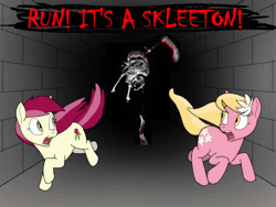 Size: 560x420 | Tagged: safe, artist:sufficient, derpibooru import, lily, lily valley, roseluck, pony, animated, bone, gif, hallway, horror, image, looking back, running, scary, screaming, skeleton, text