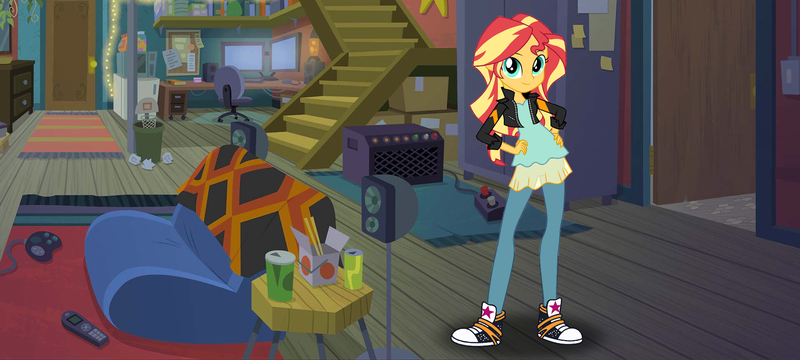 Size: 1920x864 | Tagged: safe, artist:gouhlsrule, derpibooru import, sunset shimmer, equestria girls, equestria girls series, game stream, spoiler:eqg series (season 2), chair, clothes, controller, converse, female, game stream outfit, hand on hip, image, jacket, jpeg, shoes, sneakers, solo, sunset's apartment
