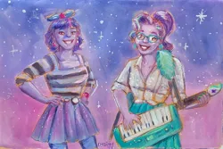 Size: 3374x2250 | Tagged: safe, artist:alexyorim, derpibooru import, starlight glimmer, twilight sparkle, equestria girls, '90s, 2023, ballpoint pen, gouache, how i met your mother, image, jessica glitter, jpeg, keytar, musical instrument, robin sparkles, traditional art