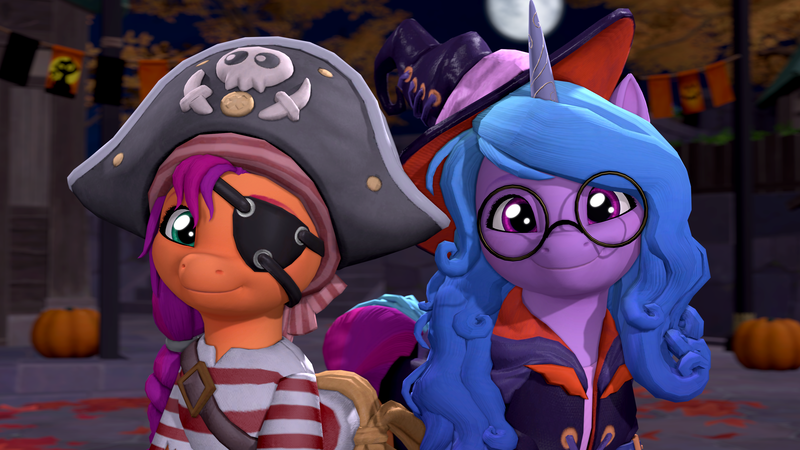 Size: 3840x2160 | Tagged: safe, artist:owlpirate, derpibooru import, izzy moonbow, sunny starscout, earth pony, pony, unicorn, g5, 3d, 4k, clothes, costume, cute, duo, eyepatch, female, glasses, halloween, halloween costume, high res, holiday, image, izzybetes, looking at you, mare, pirate costume, png, round glasses, smiling, smiling at you, source filmmaker, sunnybetes, witch costume