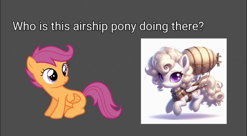 Size: 1080x597 | Tagged: safe, derpibooru import, edit, scootaloo, oc, original species, pegasus, plane pony, pony, ai content, airship, duo, female, filly, foal, image, jpeg, mare, meme, plane, text, wat