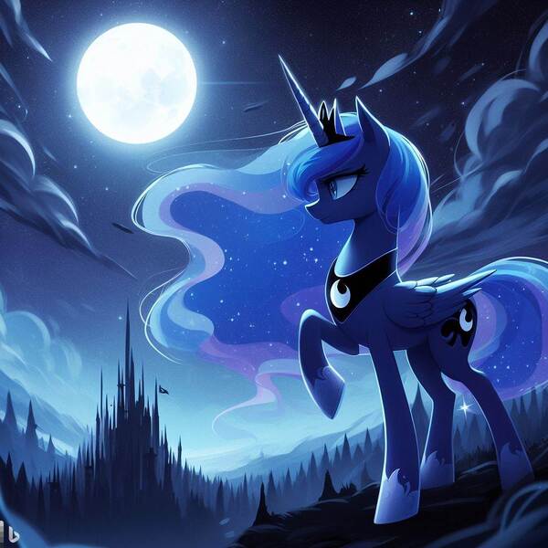 Size: 1024x1024 | Tagged: safe, derpibooru import, machine learning generated, princess luna, pony, ai content, full moon, image, jpeg, moon, night