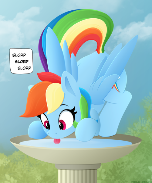 Size: 2939x3520 | Tagged: safe, artist:andaluce, artist:pabbley, derpibooru import, rainbow dash, pegasus, pony, :p, behaving like a bird, birb, bird bath, cute, dashabetes, drink, drinking, female, high res, image, lineless, mare, onomatopoeia, png, rainbird dash, silly, slurping, solo, tongue out