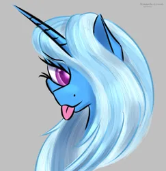 Size: 1263x1302 | Tagged: safe, artist:renarde-louve, derpibooru import, trixie, pony, unicorn, bust, gray background, image, lidded eyes, png, portrait, simple background, solo, tongue out