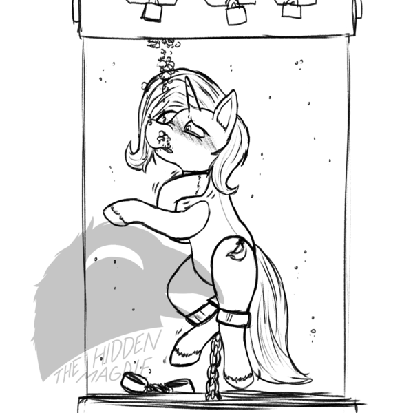 Size: 1200x1200 | Tagged: grimdark, artist:thehiddenmagpie, derpibooru import, trixie, pony, unicorn, asphyxiation, bondage, chains, clothes, distressed, drowning, grayscale, image, leotard, lock, monochrome, obtrusive watermark, one-piece swimsuit, png, seams, simple background, solo, swimsuit, unshorn fetlocks, water, watermark, white background