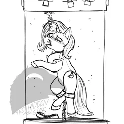 Size: 1200x1200 | Tagged: grimdark, artist:thehiddenmagpie, derpibooru import, trixie, pony, unicorn, asphyxiation, bondage, chains, clothes, distressed, drowning, grayscale, image, leotard, lock, monochrome, obtrusive watermark, one-piece swimsuit, png, seams, simple background, solo, swimsuit, unshorn fetlocks, water, watermark, white background