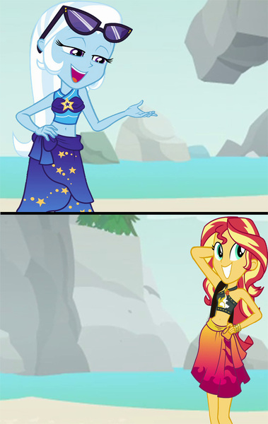 Size: 1590x2520 | Tagged: safe, artist:homersimpson1983, derpibooru import, sunset shimmer, trixie, human, equestria girls, beach, bikini, clothes, female, humanized, image, jpeg, lesbian, shipping, suntrix, swimsuit