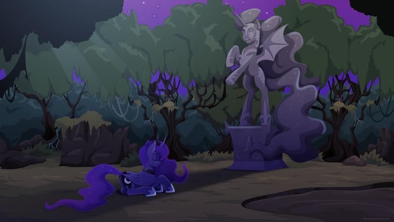 Size: 1920x1080 | Tagged: safe, artist:willoillo, derpibooru import, nightmare moon, princess luna, alicorn, pony, everfree forest, eyes closed, female, image, mare, png, prone, screenshot redraw, solemn, statue