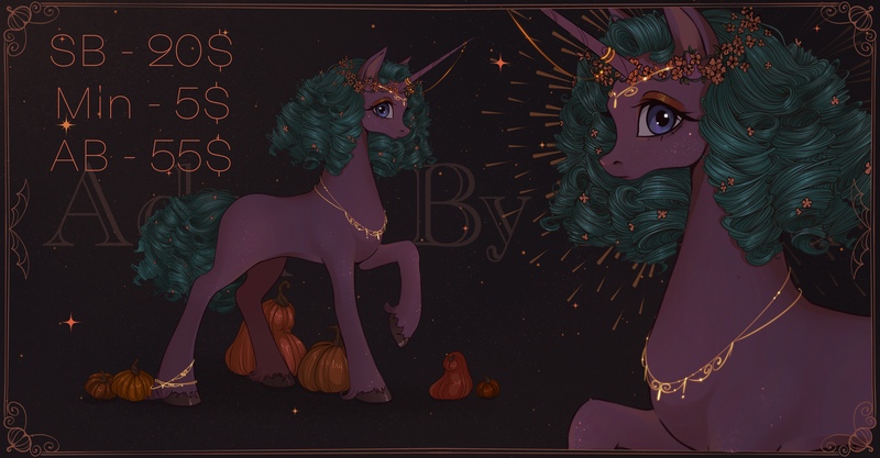 Size: 5759x3000 | Tagged: safe, artist:fridagloria, derpibooru import, oc, unofficial characters only, pony, unicorn, absurd resolution, female, floral head wreath, flower, horn, horn ring, image, jewelry, jpeg, looking at you, mare, necklace, pumpkin, ring, solo, unicorn oc