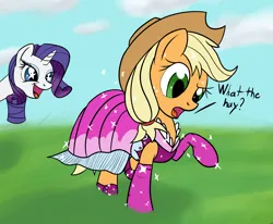 Size: 2284x1881 | Tagged: safe, artist:alorpax, derpibooru import, applejack, rarity, earth pony, pony, unicorn, applejack also dresses in style, clothes, dress, image, open mouth, open smile, png, smiling, starry eyes, what the hay?, wingding eyes