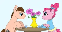 Size: 4096x2154 | Tagged: safe, artist:thebronypony123, derpibooru import, pinkie pie, oc, earth pony, pony, date, female, flower, image, jpeg, looking at each other, looking at someone, male, romantic, smiling, table, vase