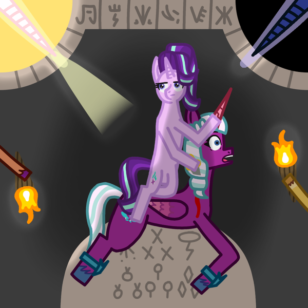 Size: 1080x1080 | Tagged: semi-grimdark, artist:iarmista, derpibooru import, hitch trailblazer, princess celestia, princess luna, starlight glimmer, sunny starscout, alicorn, earth pony, pony, unicorn, g5, blood, carving, cave, cavern, cutie mark, death, female, fire, g4, hooves, horn, image, knife, light, male, mare, mithras, mlp fim's thirteenth anniversary, offscreen character, opaline arcana, png, rock, stallion, torch