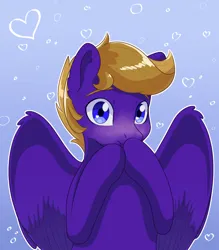 Size: 1920x2194 | Tagged: safe, artist:maravor, derpibooru import, oc, oc:wing front, pegasus, blue eyes, blushing, brown mane, bust, heart, image, male, pegasus oc, png, purple fur, simple background, solo, solo male, wings