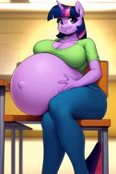 Size: 512x768 | Tagged: suggestive, machine learning generated, novelai, stable diffusion, twilight sparkle, anthro, big breasts, breasts, busty twilight sparkle, classroom, female, hand on belly, hyper, hyper belly, hyper pregnancy, image, impossibly large belly, looking at you, png, pregnant, smiling