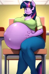 Size: 512x768 | Tagged: suggestive, machine learning generated, novelai, stable diffusion, twilight sparkle, big breasts, breasts, busty twilight sparkle, classroom, clothes, hand on belly, hyper, hyper belly, hyper pregnancy, image, impossibly large belly, looking at you, png, pregnant, smiling