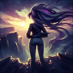 Size: 1027x1027 | Tagged: safe, derpibooru import, machine learning generated, starlight glimmer, anthro, human, equestria girls, ai content, ass, butt, canyon, cliff, clothes, cloud, denim, dramatic lighting, dramatic pose, generator:bing image creator, humanized, image, jacket, jeans, leather, leather jacket, lighting, nature, outdoors, overcast, pants, plot, png, prompter:evergreen, scenery, sexy, sunset, wind, windswept hair, windswept mane