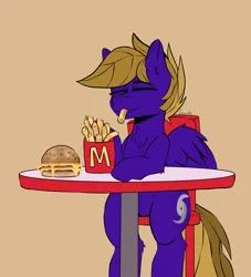 Size: 3174x3500 | Tagged: safe, artist:cozziesart, derpibooru import, oc, oc:wing front, pegasus, brown mane, brown tail, burger, cute, eating, food, french fries, hurricane, image, male, mcdonald's, nom, pegasus oc, png, purple fur, simple background, table, tail, wings