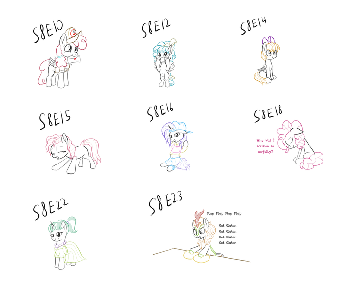 Size: 3134x2539 | Tagged: safe, artist:wapamario63, ponerpics import, ponybooru import, autumn blaze, cozy glow, high tide (g4), pinkie pie, rarity, stepford ponies, sunny delivery, earth pony, kirin, pegasus, pony, unicorn, bow, dialogue, female, flying, image, mail, mare, meme, png, sad, simple background, sketch, sketch dump, solo, white background