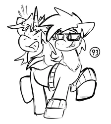 Size: 582x650 | Tagged: safe, artist:virmir, oc, oc:virmare, unofficial characters only, earth pony, pony, unicorn, angry, black and white, clenched teeth, clothes, conjoined, cropped, emanata, embarrassed, female, floppy ears, glasses, grayscale, image, looking at each other, mare, monochrome, png, pushmi-pullyu, raised hoof, simple background, sketch, suggestive source, sweat, sweatdrop, sweater, white background