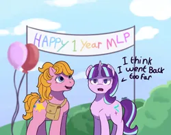 Size: 6250x4961 | Tagged: safe, artist:morrigun, derpibooru import, starlight (g1), starlight glimmer, earth pony, pony, unicorn, g1, annoyed, bag, balloon, banner, derpibooru exclusive, duo, eyes open, female, g4, image, looking at you, mare, mlp fim's thirteenth anniversary, open mouth, png, s5 starlight, signature, smiling, standing, text, time travel