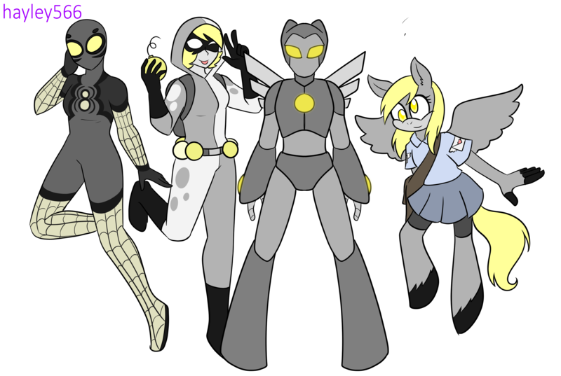 Size: 3264x2189 | Tagged: safe, artist:hayley566, derpibooru import, derpy hooves, oc, oc:bubble bomber, oc:iron pegasus, oc:muffins the pegasus, oc:silver spider, unofficial characters only, anthro, human, pegasus, :p, alternate hairstyle, armor, bag, belt, boots, clothes, commission, compression shorts, crossover, female, gloves, grenade, helmet, hoodie, image, iron man, marvel, mask, non-mlp oc, png, shirt, shoes, simple background, skirt, sonic the hedgehog (series), sonicified, spider-man, spider-sona, superhero, supervillain, tongue out, transparent background