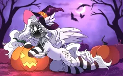 Size: 3489x2160 | Tagged: safe, alternate version, artist:airiniblock, derpibooru import, oc, unofficial characters only, bat, pegasus, pony, belly, clothes, commission, ear fluff, halloween, hat, high res, holiday, hut, image, moon, night, pegasus oc, png, pumpkin, rcf community, round belly, socks, solo, striped socks, tree, wings, witch hat, ych result