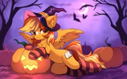 Size: 3489x2160 | Tagged: safe, alternate version, artist:airiniblock, derpibooru import, oc, oc:serenity, unofficial characters only, bat, pegasus, pony, belly, clothes, commission, ear fluff, halloween, hat, high res, holiday, hut, image, moon, night, pegasus oc, png, pumpkin, rcf community, round belly, socks, solo, striped socks, tree, wings, witch hat, ych result
