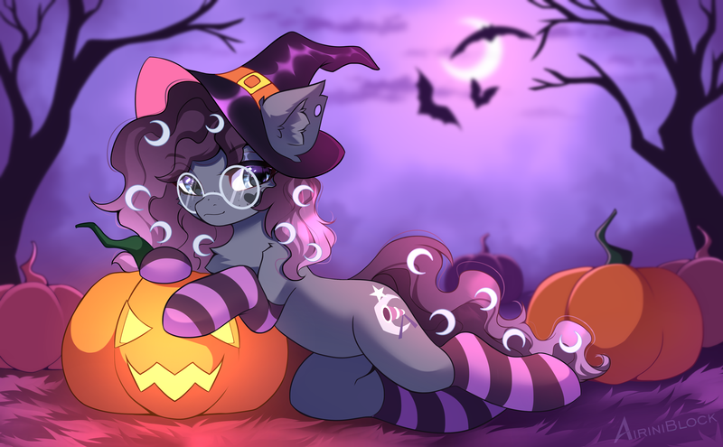 Size: 3489x2160 | Tagged: safe, alternate version, artist:airiniblock, derpibooru import, oc, unofficial characters only, bat, earth pony, pegasus, pony, belly, clothes, commission, ear fluff, halloween, hat, high res, holiday, hut, image, moon, night, pegasus oc, png, pumpkin, rcf community, round belly, socks, solo, striped socks, tree, wings, witch hat, ych result