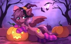 Size: 3489x2160 | Tagged: safe, artist:airiniblock, derpibooru import, oc, unofficial characters only, bat, earth pony, pegasus, pony, belly, clothes, commission, ear fluff, halloween, hat, high res, holiday, hut, image, moon, night, pegasus oc, png, pumpkin, rcf community, round belly, socks, solo, striped socks, tree, wings, witch hat, ych result