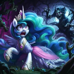 Size: 1024x1024 | Tagged: safe, derpibooru import, machine learning generated, princess celestia, alicorn, pony, ai content, chase, clothes, creature, crown, dark forest, dress, generator:dall-e 3, image, jewelry, jpeg, looking up, monster, open mouth, prompter:montaraz13, regalia, scared, scary, screaming