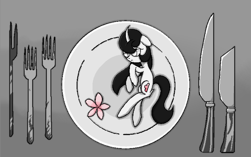 Size: 2048x1280 | Tagged: safe, artist:taoyvfei, derpibooru import, peach blossom, oc, oc:taoyvfei, pony, unicorn, curved horn, flower, food, fork, horn, image, knife, pixel art, plant, png, unicorn oc