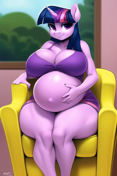Size: 512x768 | Tagged: suggestive, machine learning generated, novelai, stable diffusion, twilight sparkle, anthro, belly, big belly, big breasts, breasts, busty twilight sparkle, female, hand on belly, image, living room, looking at you, png, pregnant, sitting, smiling