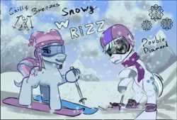 Size: 4686x3169 | Tagged: safe, artist:zlatdesign, derpibooru import, double diamond, g3, cannon, chilly breezes, g4, glasses, image, mlp fim's thirteenth anniversary, png, rizz, skiing, snow, w