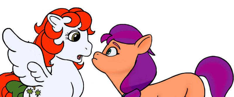 Size: 859x358 | Tagged: safe, artist:dsb71013, derpibooru import, paradise, sunny starscout, g1, g5, derpibooru exclusive, generation leap, image, looking at each other, looking at someone, png, staring contest