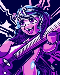 Size: 2400x3000 | Tagged: safe, artist:poxy_boxy, derpibooru import, izzy moonbow, pony, unicorn, g5, bipedal, commission, dexterous hooves, electric guitar, female, guitar, hoof hold, image, jpeg, limited palette, mare, musical instrument, open mouth, open smile, smiling, solo
