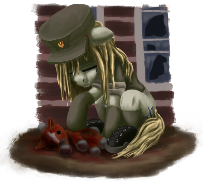 Size: 2800x2500 | Tagged: semi-grimdark, artist:dr-fade, derpibooru import, oc, oc:ukraine, ponified, unofficial characters only, earth pony, pony, blood, cap, clothes, crying, current events, description is relevant, female, hat, image, implied death, long description, mare, military uniform, nation ponies, plushie, png, shoes, simple background, socks, solo, transparent background, ukraine, uniform