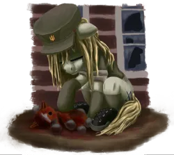 Size: 2800x2500 | Tagged: semi-grimdark, artist:dr-fade, derpibooru import, oc, oc:ukraine, ponified, unofficial characters only, earth pony, pony, blood, cap, clothes, crying, current events, description is relevant, female, hat, image, implied death, long description, mare, military uniform, nation ponies, plushie, png, shoes, simple background, socks, solo, transparent background, ukraine, uniform