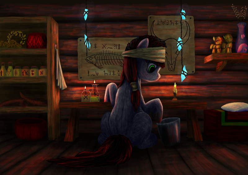 Size: 3508x2480 | Tagged: safe, artist:dr-fade, derpibooru import, oc, unofficial characters only, earth pony, pony, alchemy, bucket, crystal, diagram, female, headband, image, mare, png, potion, shaman, sitting, solo, voodoo doll, working