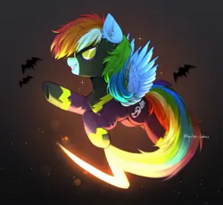 Size: 2048x1881 | Tagged: safe, artist:tyutya, derpibooru import, rainbow dash, pegasus, pony, clothes, costume, female, g4, goggles, grin, halloween, halloween costume, holiday, image, jpeg, mare, shadowbolt dash, shadowbolts, shadowbolts costume, shadowbolts uniform, signature, smiling, solo, sparkles, spread wings, wings