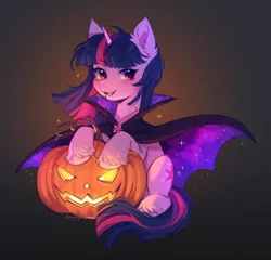 Size: 2902x2790 | Tagged: safe, artist:tyutya, artist:tyutyaloh123, derpibooru import, twilight sparkle, pony, unicorn, cape, clothes, costume, cute, ear fluff, eyebrows, eyebrows visible through hair, fangs, female, g4, halloween, halloween costume, high res, holiday, hoof fluff, horn, image, jack-o-lantern, looking at you, mare, open mouth, open smile, png, pumpkin, signature, sitting, smiling, smiling at you, solo, sparkles, twiabetes, unicorn twilight, vampire costume