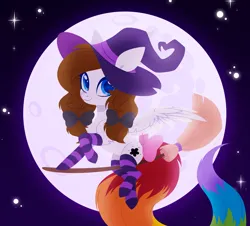 Size: 3320x3000 | Tagged: safe, artist:belka-sempai, derpibooru import, oc, oc:color splash, unofficial characters only, pegasus, pony, broom, clothes, commission, female, flying, flying broomstick, full moon, hat, image, looking at you, mare, moon, pegasus oc, png, rainbow tail, smiling, smiling at you, socks, solo, striped socks, tail, wings, witch costume, witch hat, ych result