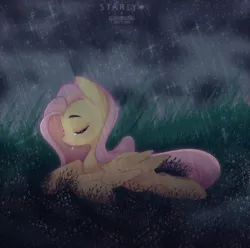Size: 3961x3932 | Tagged: safe, artist:starllly, artist:starllly_, derpibooru import, fluttershy, pegasus, pony, commission, crying, eyebrows, eyes closed, female, g4, grass, high res, image, lying down, mare, outdoors, png, prone, rain, sad, solo, sparkles, teary eyes, wings