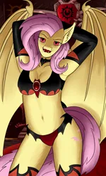 Size: 1960x3260 | Tagged: suggestive, artist:quakehoof, derpibooru import, fluttershy, anthro, bat pony, bat ponified, belly button, bra, choker, clothes, evening gloves, fangs, flutterbat, gloves, image, lipstick, long gloves, looking at you, obscure reference, panties, png, race swap, sexy outfit, socks, stockings, sultry pose, thigh highs, time-lapse included, underwear