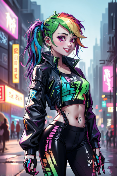 Size: 1024x1536 | Tagged: safe, derpibooru import, editor:sammykun, machine learning generated, rainbow dash, human, equestria girls, ai content, belly button, billboard, blurry background, breasts, building, busty rainbow dash, city, cityscape, clothes, crowd, cyberpunk, ear piercing, fog, generator:yodayo, image, jacket, lights, long pants, long sleeves, midriff, open clothes, open jacket, pants, piercing, png, ponytail, prompter:sammykun, reasonably sized breasts, shirt, smiling, solo focus, standing, wide hips