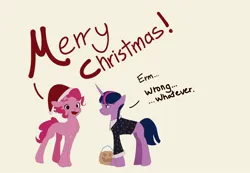 Size: 2000x1380 | Tagged: safe, artist:pascal571, derpibooru import, pinkie pie, twilight sparkle, earth pony, pony, unicorn, alternate hairstyle, christmas, clothes, costume, dialogue, duo, female, halloween, halloween costume, hat, holiday, image, jpeg, mare, merry christmas, nightmare night costume, open mouth, open smile, out of season, pumpkin bucket, santa hat, simple background, smiling, talking to viewer, unicorn twilight, wednesday addams, yellow background