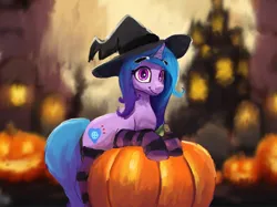 Size: 2732x2048 | Tagged: safe, artist:phutashi, derpibooru import, izzy moonbow, pony, unicorn, g5, clothes, female, halloween, hat, high res, holiday, image, jack-o-lantern, looking at you, mare, png, pumpkin, smiling, smiling at you, socks, solo, striped socks, witch hat