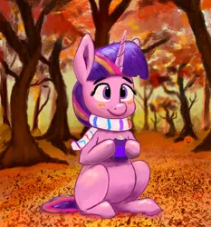 Size: 2048x2197 | Tagged: safe, artist:phutashi, derpibooru import, twilight sparkle, pony, unicorn, autumn, blushing, clothes, cute, drink, female, high res, hoof hold, hot drink, image, looking at you, mare, missing cutie mark, mug, outdoors, png, pumpkin, scarf, sitting, smiling, solo, three quarter view, tree, twiabetes, unicorn twilight