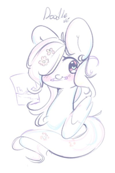 Size: 1217x1831 | Tagged: safe, artist:bubbletea, derpibooru import, oc, unofficial characters only, pegasus, pony, blushing, bust, cute, female, flower, flower in hair, hair over one eye, heart, heart eyes, image, jpeg, mare, mouth hold, ocbetes, partial color, pencil, simple background, solo, white background, wingding eyes